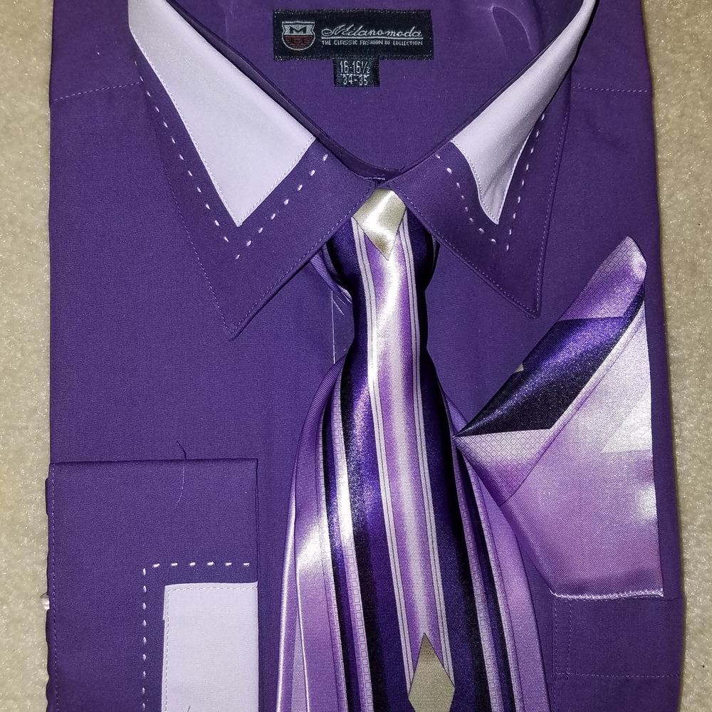 Milano Men's Purple Dress Shirt with Tie and Pocket Square